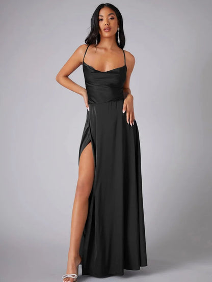 Robe de soirée maxi satinée pour femme | Dos nu avec fente haute