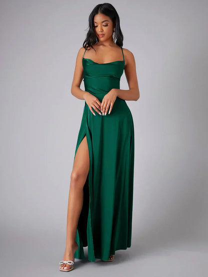 Robe de soirée maxi satinée pour femme | Dos nu avec fente haute