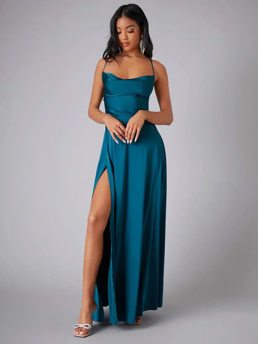 Robe de soirée maxi satinée pour femme | Dos nu avec fente haute