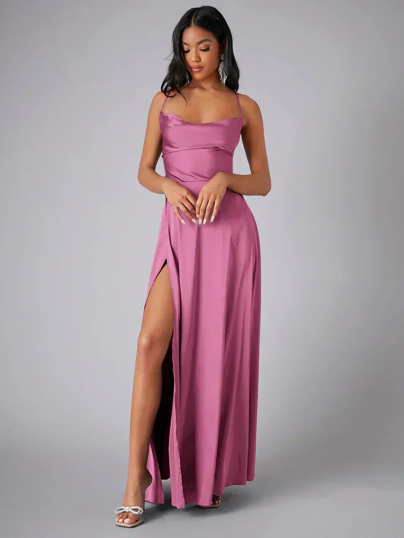 Robe de soirée maxi satinée pour femme | Dos nu avec fente haute