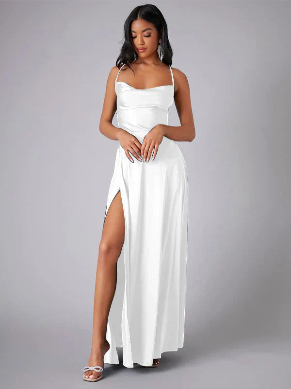 Robe de soirée maxi satinée pour femme | Dos nu avec fente haute