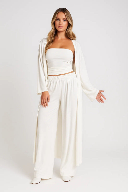 Conjunto de tres piezas para mujer sin tirantes con top y pantalones