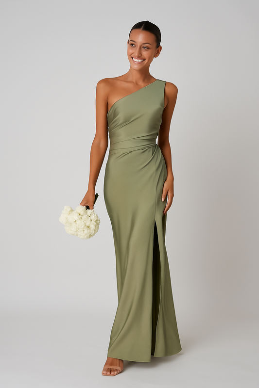 Rochie Maxi de damă cu un singur bretea | Aspect satinat, formal, cu despicătură înaltă