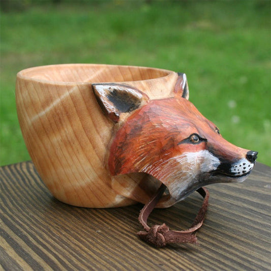 Taza de Camping con Estilo Animal Hecha a Mano | Taza Rústica de Madera para Actividades al Aire Libre Aventura
