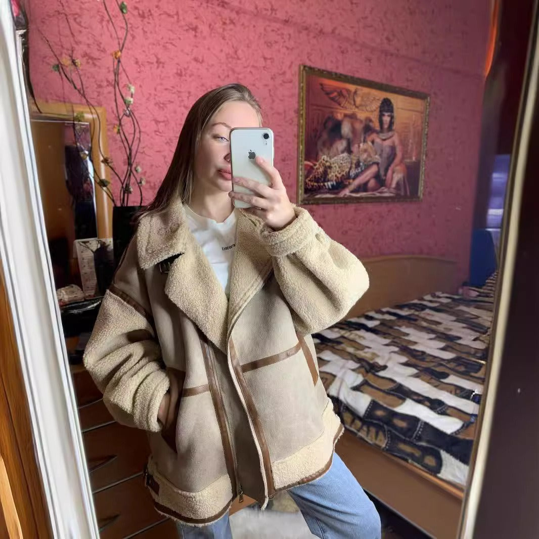 Damski Nadwymiarowy ze Sztucznego Zamszu i Sztucznego Futra Płaszcz