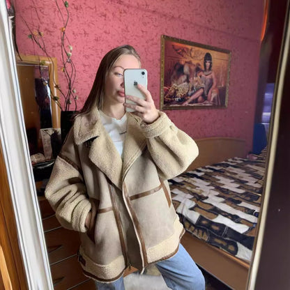 Damski Nadwymiarowy ze Sztucznego Zamszu i Sztucznego Futra Płaszcz