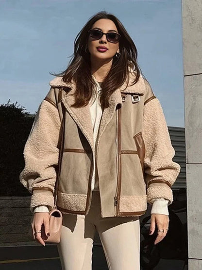 Damski Nadwymiarowy ze Sztucznego Zamszu i Sztucznego Futra Płaszcz