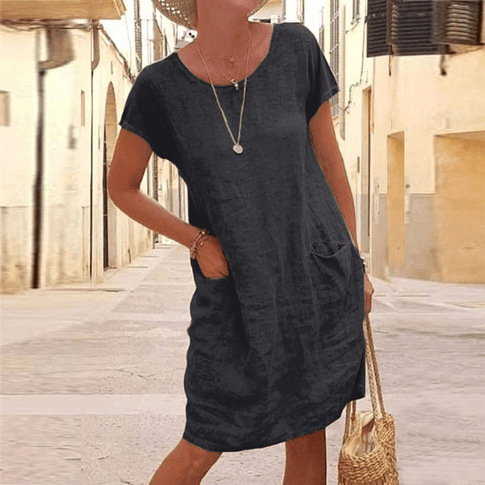 Vestido midi para mujer estilo lino | Mangas cortas y bolsillos delanteros