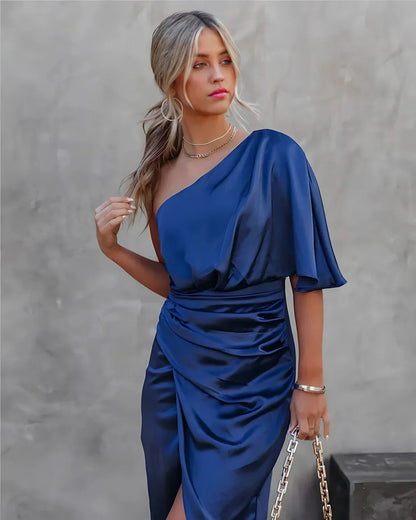 Vestito Midi Donna con Spalle Scoperte | Vita Drappeggiata – Stile Satinato
