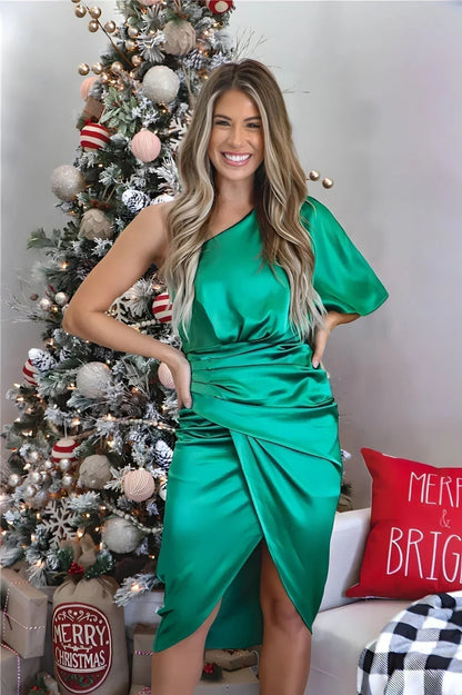 Vestito Midi Donna con Spalle Scoperte | Vita Drappeggiata – Stile Satinato
