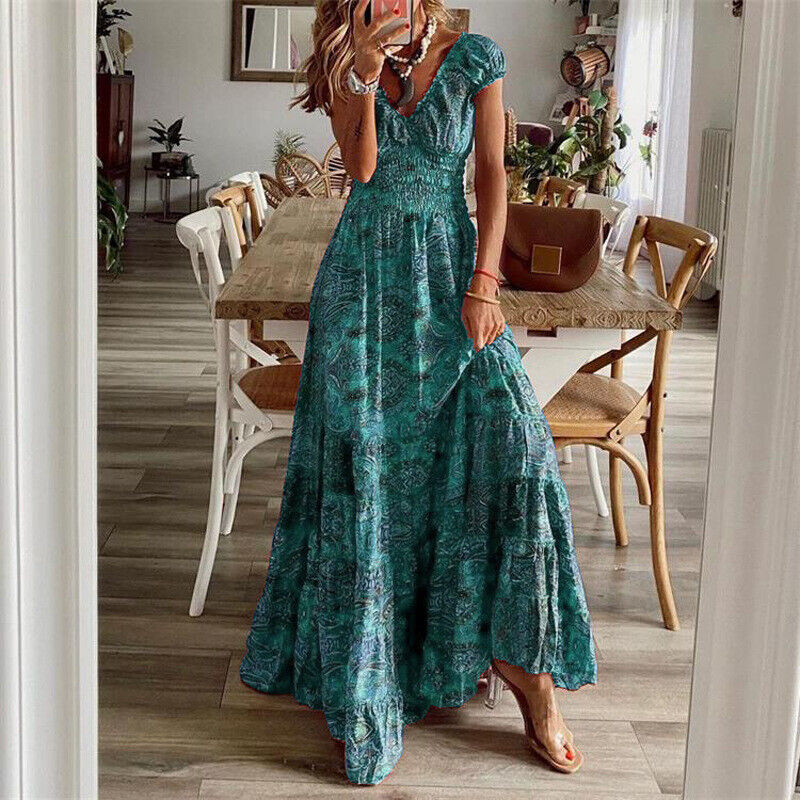 Corly | Sukienka maxi w stylu bohemy z dopasowaną talią