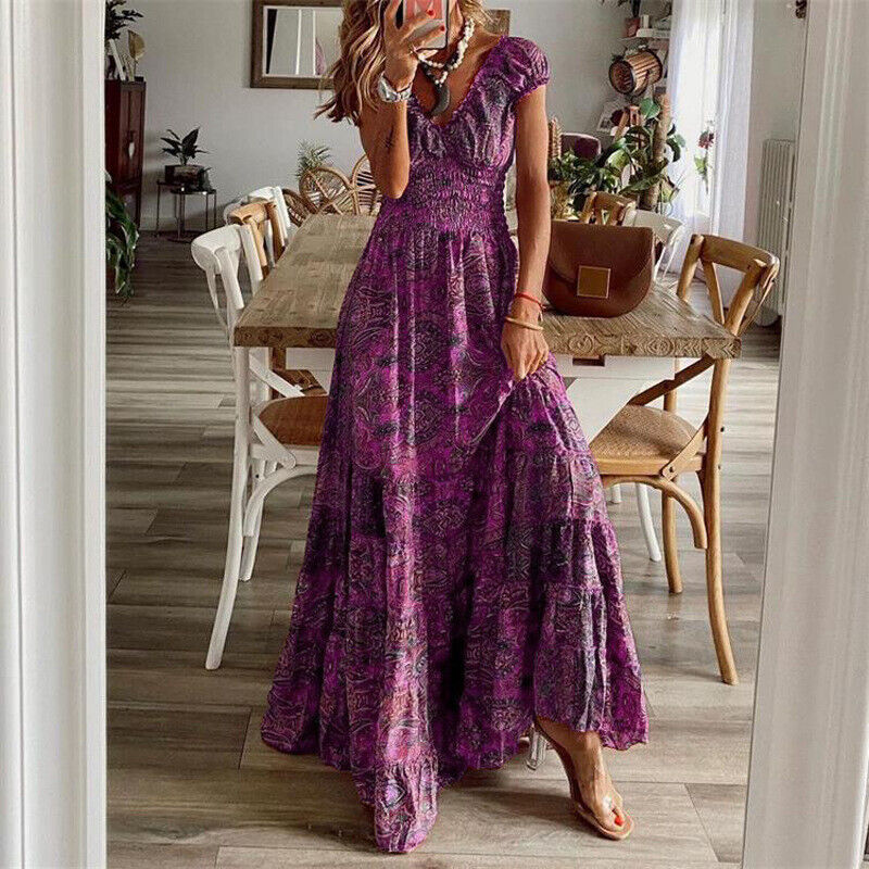 Corly | Sukienka maxi w stylu bohemy z dopasowaną talią