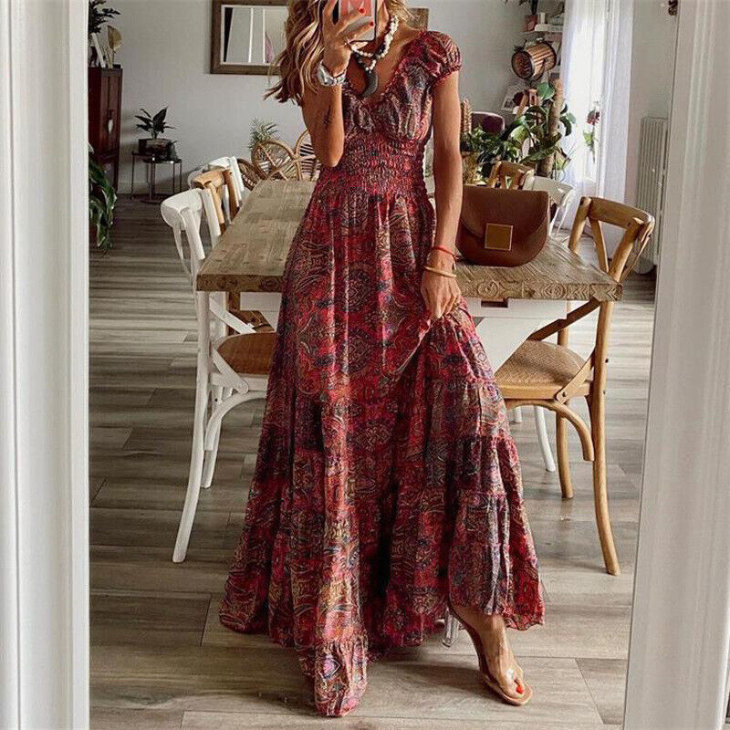 Corly | Sukienka maxi w stylu bohemy z dopasowaną talią