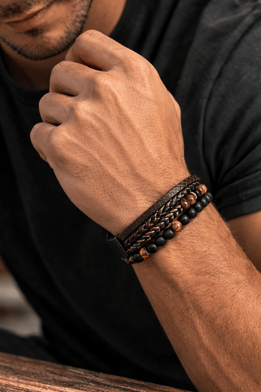 Conjunto de pulseras de estilo casual y apilables para hombre de cuero
