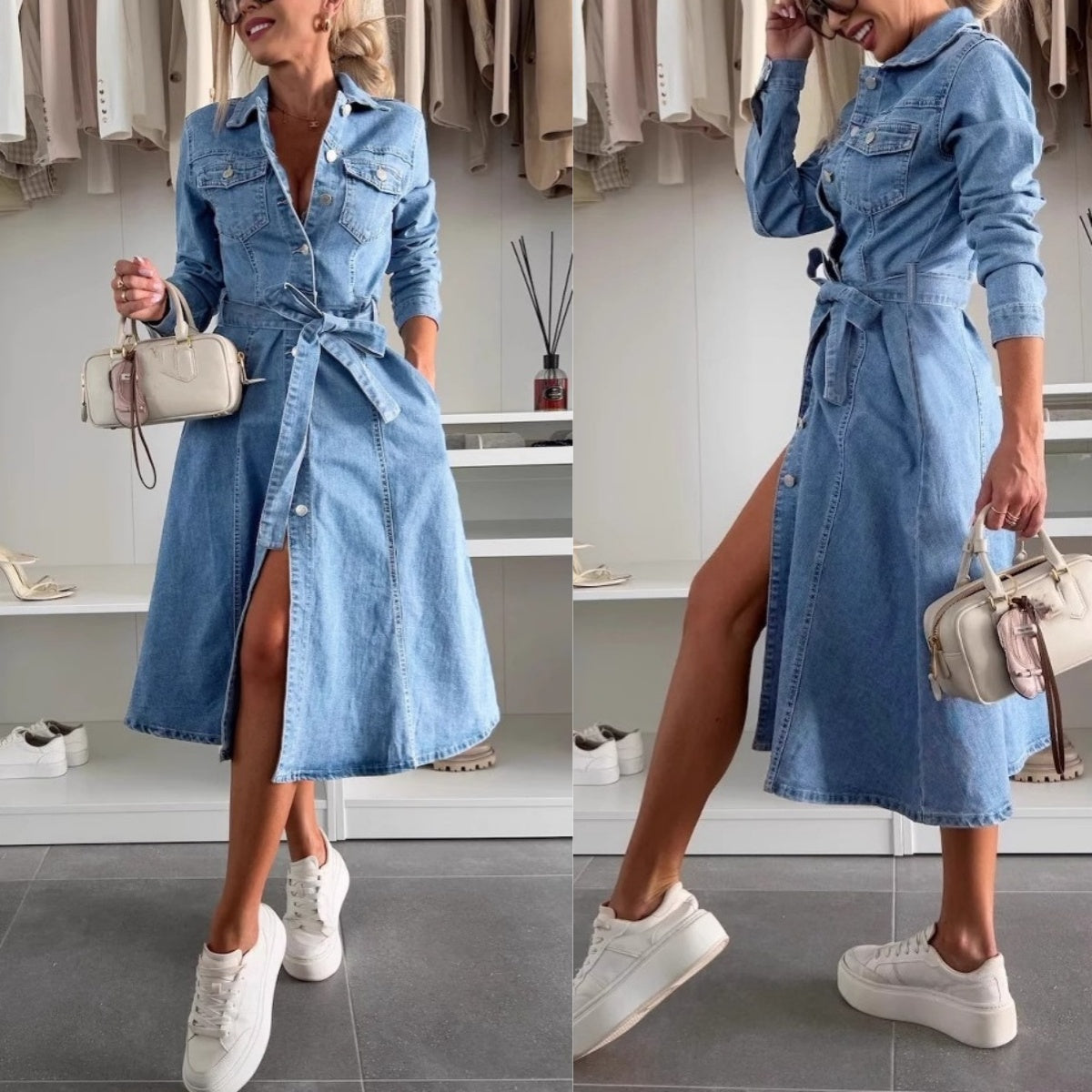 Robe maxi style jean pour femme | Manches longues Look quotidien