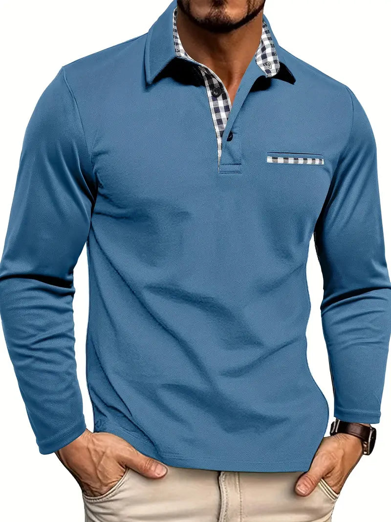 Camiseta Polo Masculina de Manga Larga | Top Cuello Inteligente-Casual