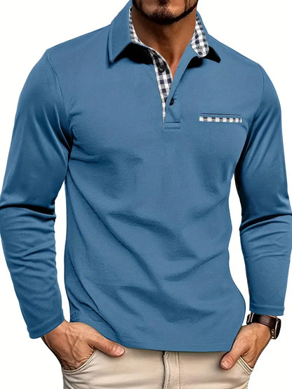 Camiseta Polo Masculina de Manga Larga | Top Cuello Inteligente-Casual