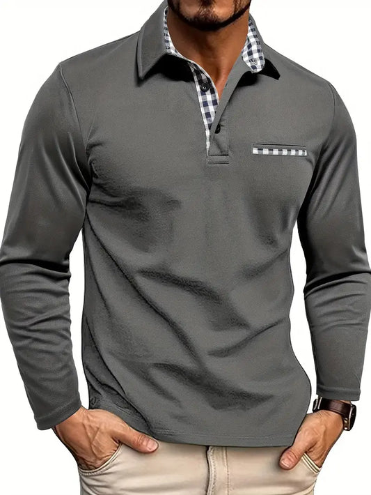 Camiseta Polo Masculina de Manga Larga | Top Cuello Inteligente-Casual