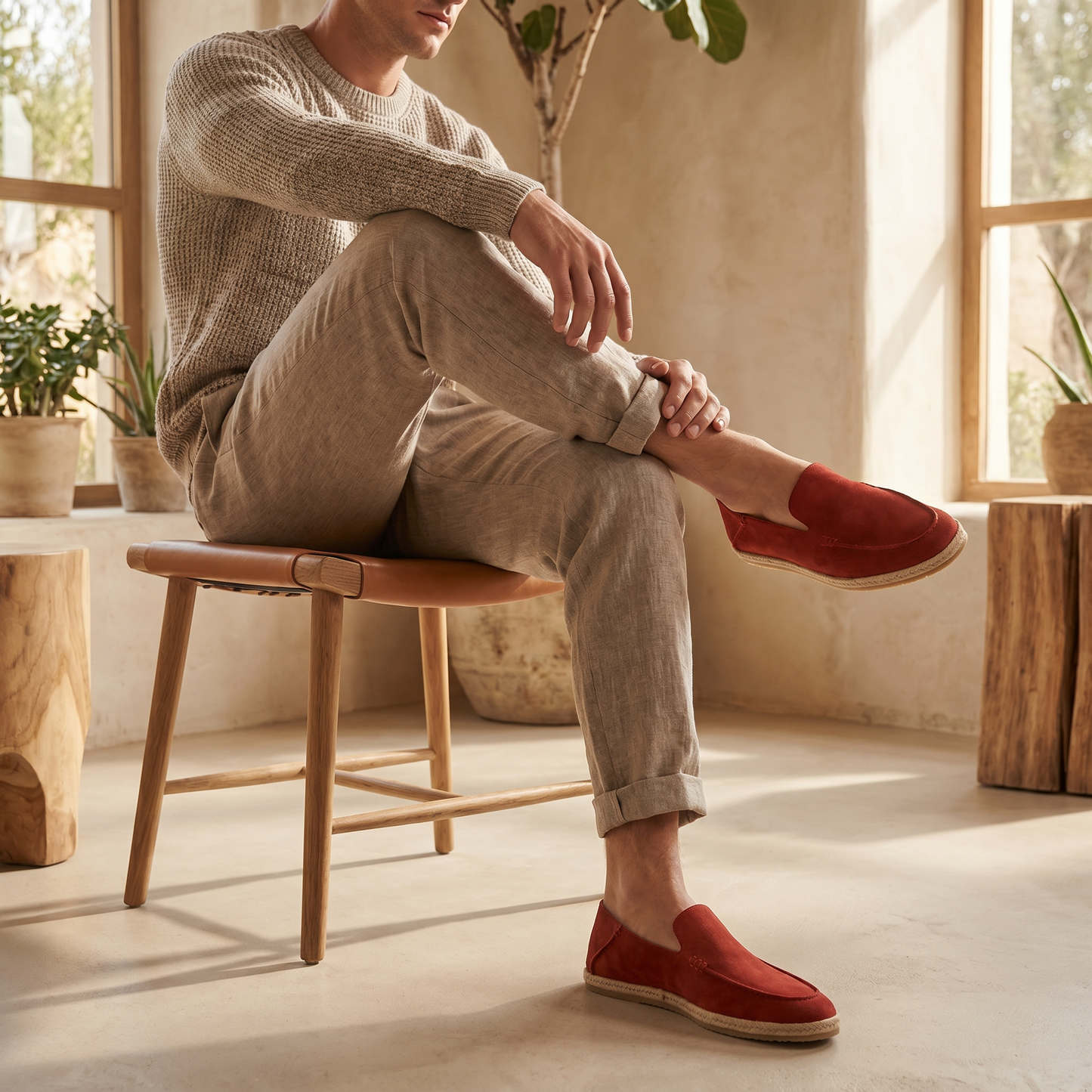 Pánské stylové semišové espadrilky mokasíny | Letní nazouvací jutové sandály