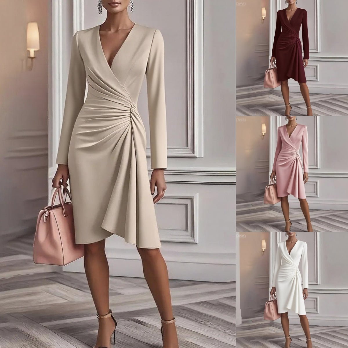 Damska Dekoltem W Serek Marszczone Midi Sukienka | Elegancki Długi Rękaw Wiosenny Styl