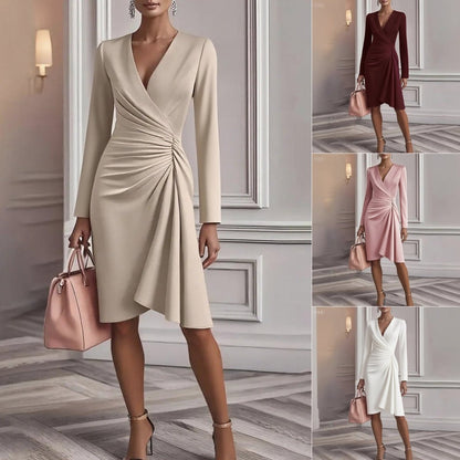 Damska Dekoltem W Serek Marszczone Midi Sukienka | Elegancki Długi Rękaw Wiosenny Styl