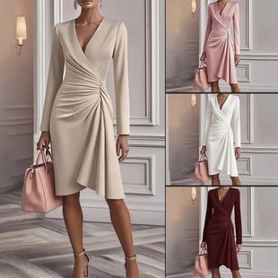 Damska Dekoltem W Serek Marszczone Midi Sukienka | Elegancki Długi Rękaw Wiosenny Styl