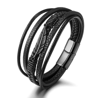 Bracelet en cuir pour homme avec motif de plumes
