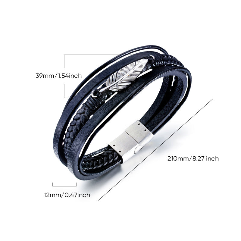 Bracelet en cuir pour homme avec motif de plumes