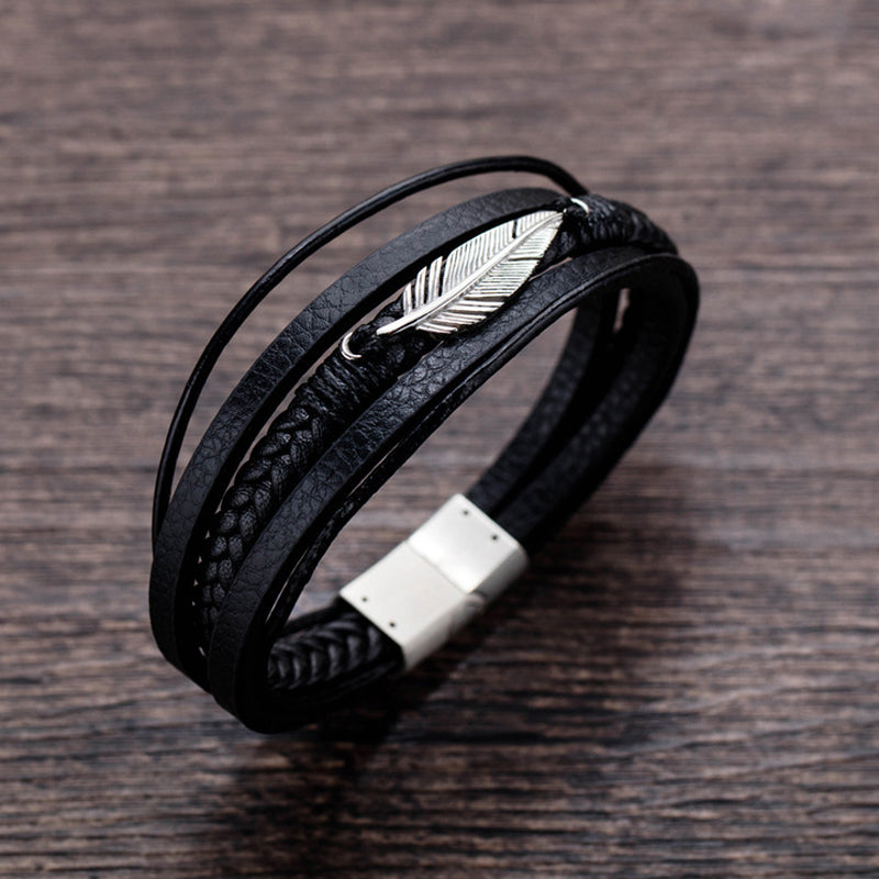 Bracelet en cuir pour homme avec motif de plumes