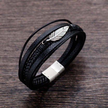 Bracelet en cuir pour homme avec motif de plumes