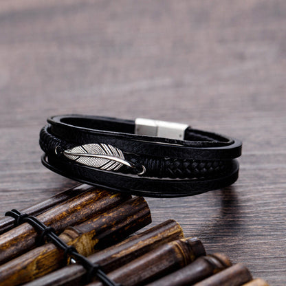 Bracelet en cuir pour homme avec motif de plumes