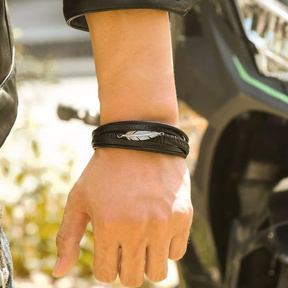 Bracelet en cuir pour homme avec motif de plumes