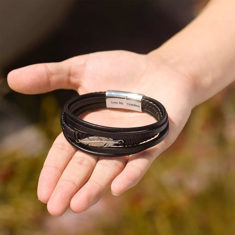 Bracelet en cuir pour homme avec motif de plumes