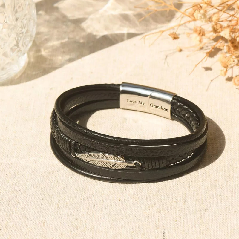 Bracelet en cuir pour homme avec motif de plumes