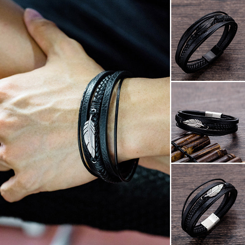 Bracelet en cuir pour homme avec motif de plumes
