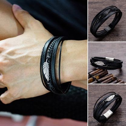 Bracelet en cuir pour homme avec motif de plumes