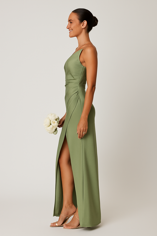 Rochie Maxi de damă cu un singur bretea | Aspect satinat, formal, cu despicătură înaltă